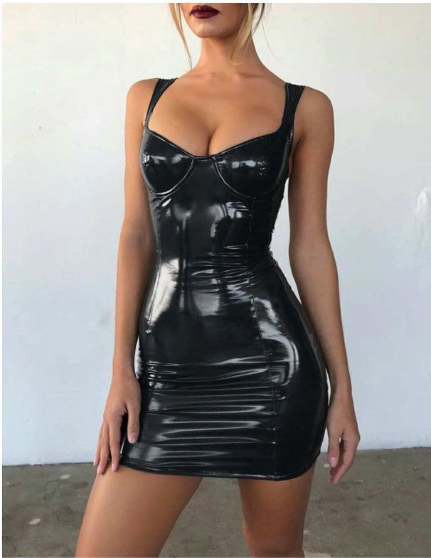 Sexy Disco Socialite Goddess Lady Shiny Strapless Waist-Cinching Slimming PU Leather Strap Dress Q176_ecoleips.com