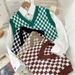 Women's Clothing Women's Checkered Knit Vest Layered Loose Fit Crewneck Spring Top_ecoleips.com