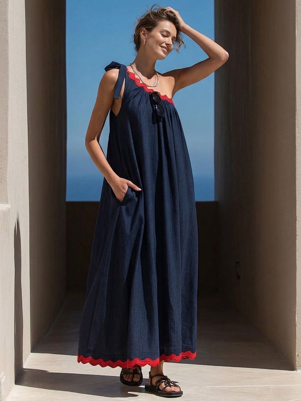 Freeacy Women's Navy Red Contrast Scallop Trim One Shoulder Maxi Dress Summer Casual Loose A Line Pleated Dresses For Vacation_ecoleips.com