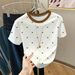 Women's Polka Dot Short Sleeve T-Shirt Heart Print round Neck Elegant Blouse Breathable Polyester Top_ecoleips.com