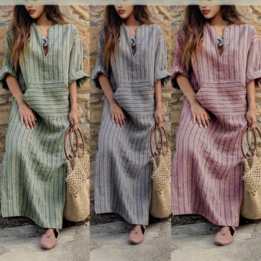 Plenty Of Cotton-Linen Yarn-Dyed Striped Loose Dresses_ecoleips.com