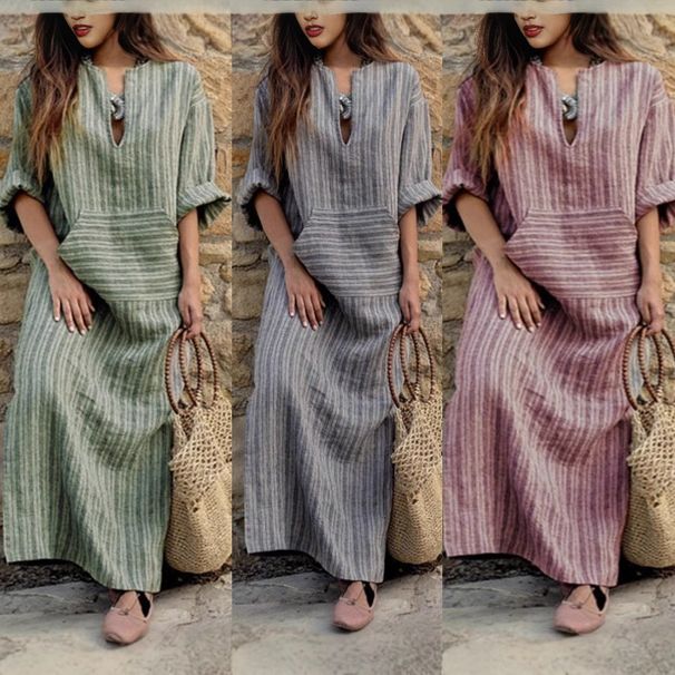 Plenty Of Cotton-Linen Yarn-Dyed Striped Loose Dresses_ecoleips.com