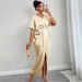 K Women's New Style Elegant V-neck Short Sleeved High Waisted One Step Slit Dress Long Skirt_ecoleips.com