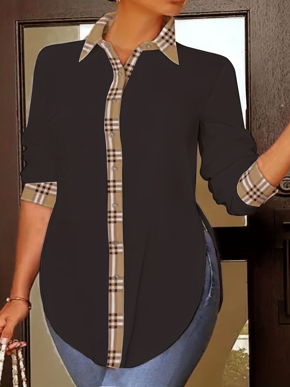 Women's Elegant Versatile Plaid Patchwork Long Sleeved Shirt Top For Business Casual Occasions_ecoleips.com