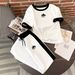 Women's Clothing Summer Fashion Triangle Logo Print Color Block Casual Two Piece Set Black White_ecoleips.com