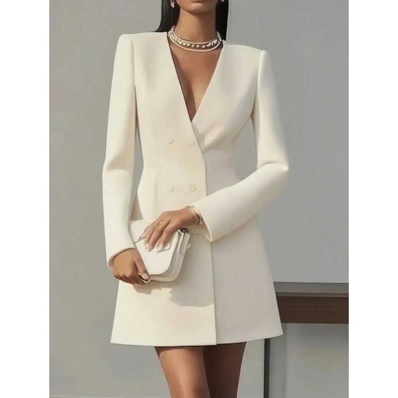 Long-Sleeved, Double-Breasted, Solid-Color V-Neck Suit With A French-Style Dress For Children_ecoleips.com