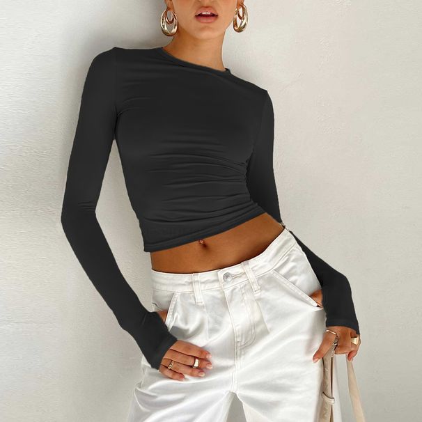 Women's Spring And Summer T-Shirts, Solid Colors, Crew Neck Base Shirts, Slim Long-Sleeved Tops, Women_ecoleips.com