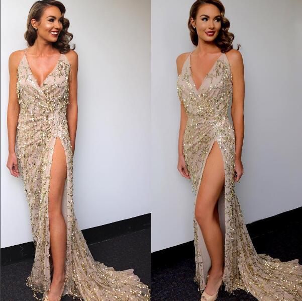 Elegant V-Neck Backless Slit Long Dress With Gold Sequin Embellishments - Sexy Evening Gown For Women, Clubwear, Party Dress, Summer Formal Dress_ecoleips.com