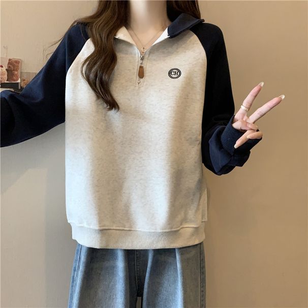 real Shot: Women's Color-blocked Long-sleeve Sweatshirt, Early Autumn Korean Style, Loose Fit, Half-zip POLO_ecoleips.com