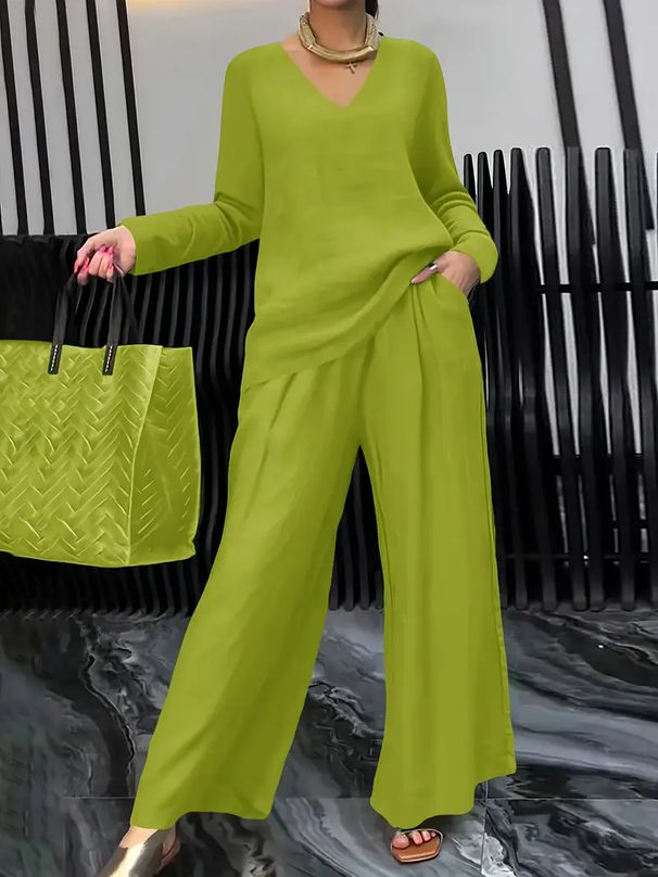 Women's Stretch Polyester Travel Pantsuit - Elastic Lounge Set With Long Sleeve & Trousers (10 Colors, S-5xl)_ecoleips.com