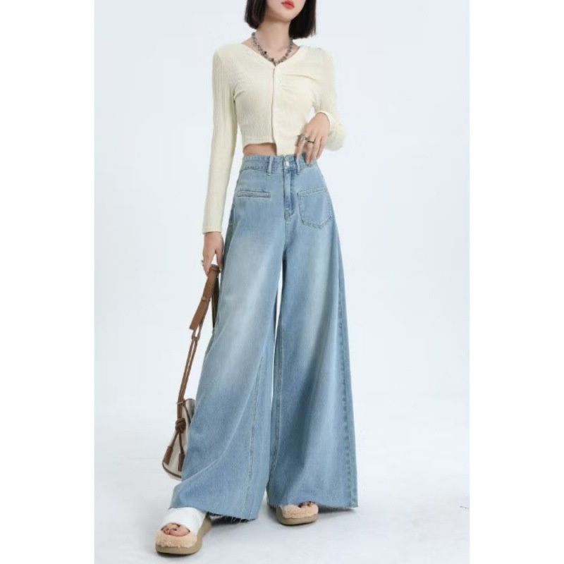 European American Sizes - Best-selling Cross-border Item: Washed Blue Wide-leg Pants, Loose And Stylish Women's Jeans_ecoleips.com