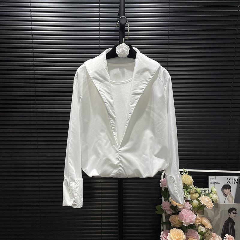 Women's V-Neck White Long Sleeve Shirt Layering Look Tunic Top Slim Fit Casual Blouse Versatile & Timeless White_ecoleips.com