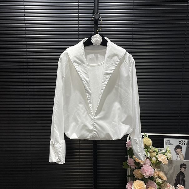 Women's V-Neck White Long Sleeve Shirt Layering Look Tunic Top Slim Fit Casual Blouse Versatile & Timeless White_ecoleips.com