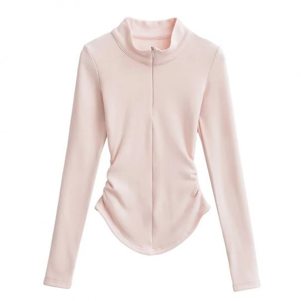 Women's Clothing New Ant Waist Slim Fit Long Sleeve Bottoming Shirt Zipper Design Arc Hem Irregular T Shirt Top_ecoleips.com