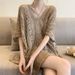 Women's Pure Hollow out Knit Top with Tie Waist Loose Fit Mid-Length Niche Style Summer Alluring Cover up_ecoleips.com