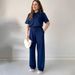 Women's Clothing New Solid Color Short Sleeved Top With Strap Pocket Straight Pants Suit_ecoleips.com