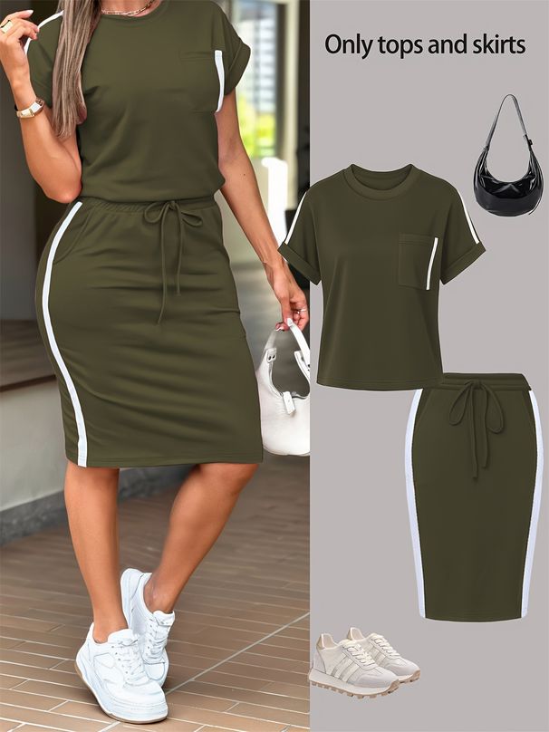 Women's Summer Stylish Off-Shoulder T-Shirt And Bodycon Skirt 2-Piece Set Casual Slim Fit Polyester Pant Suit For Spring/Autumn_ecoleips.com