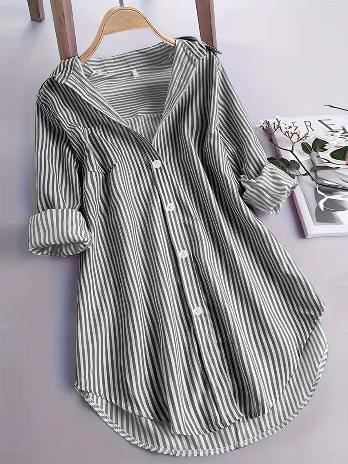 New Women's Loose Vertical Striped Medium And Long Shirt Casual Fashion Long-sleeved Shirt_ecoleips.com