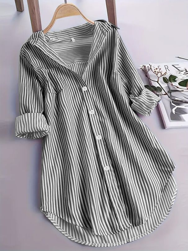 New Women's Loose Vertical Striped Medium And Long Shirt Casual Fashion Long-sleeved Shirt_ecoleips.com