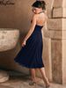 Hugcitar Elegant Halter Solid V Neck Backless Patchwork Lace Sexy Pleated Midi Dress Summer Women Beach Vacation Outfit Party_ecoleips.com