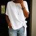Women's Clothing Solid Color T-Shirt Short Sleeve Knotted Hem Loose Fit Summer Top_ecoleips.com