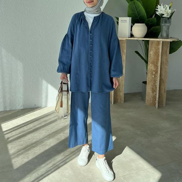 Women's Clothing autumn new women's clothing round neck lantern sleeve loose casual wide leg pants two piece suit_ecoleips.com