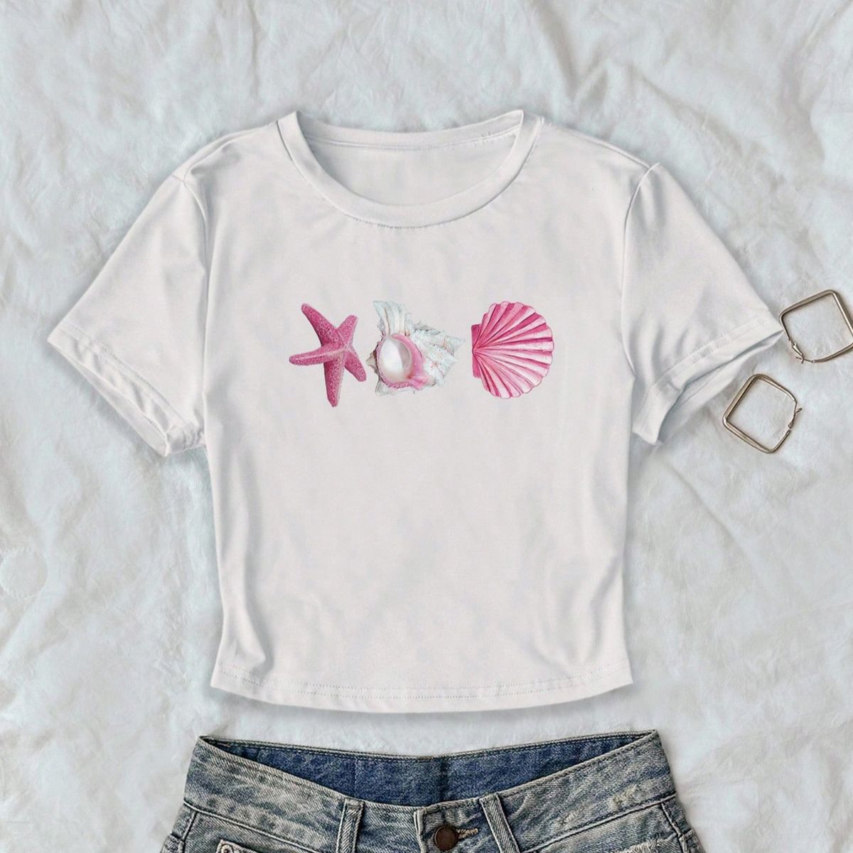 Women's Summer Short Sleeve Crop Top With Starfish & Seashell Print - Sweet & Spicy Style, Comfortable Polyester Fabric, Round Neck, Casual & Vacation_ecoleips.com