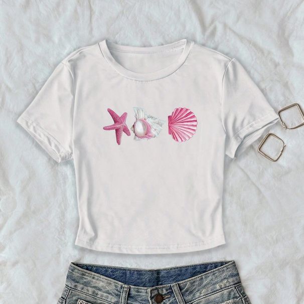 Women's Summer Short Sleeve Crop Top With Starfish & Seashell Print - Sweet & Spicy Style, Comfortable Polyester Fabric, Round Neck, Casual & Vacation_ecoleips.com