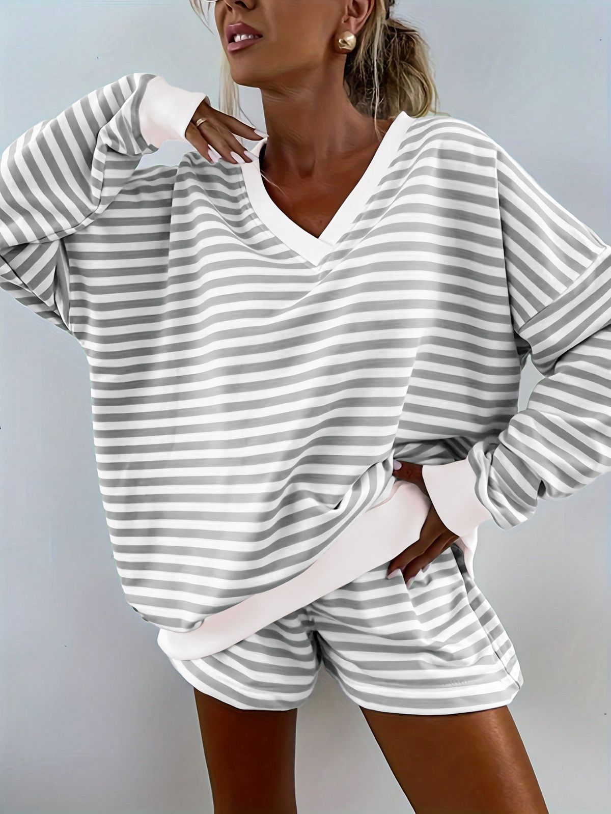 Women's Clothing American Striped Casual Long Sleeve Shorts Suit Elastic Waist Autumn Winter New2026 Clothing_ecoleips.com