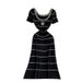 New Elegant Camellia Embroidered Striped U-Neck Dress – Slim Fit Mermaid Tail Long Dress For Women (Black/Beige/Brown/Navy)_ecoleips.com