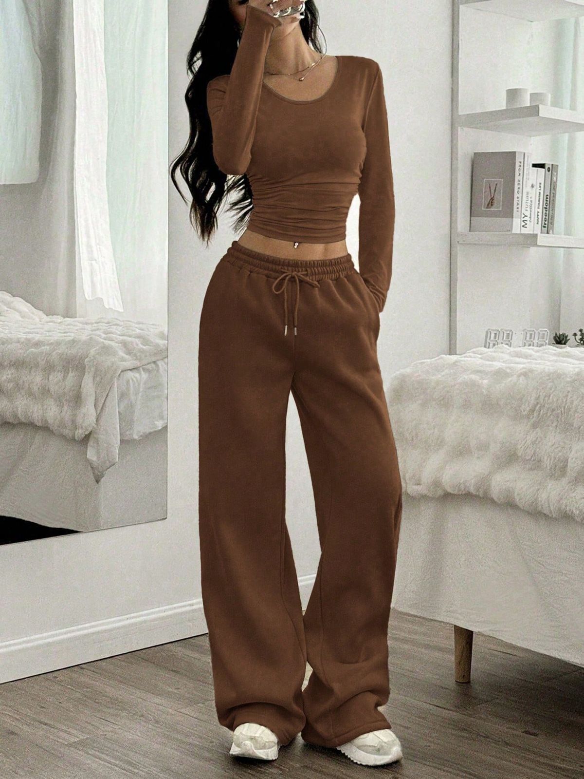 Elegant Two-Piece Set For Women – Slim Fit Long-Sleeve Top & Wide-Leg Pants, Minimalist Solid Color Outfit For Autumn/Winter_ecoleips.com
