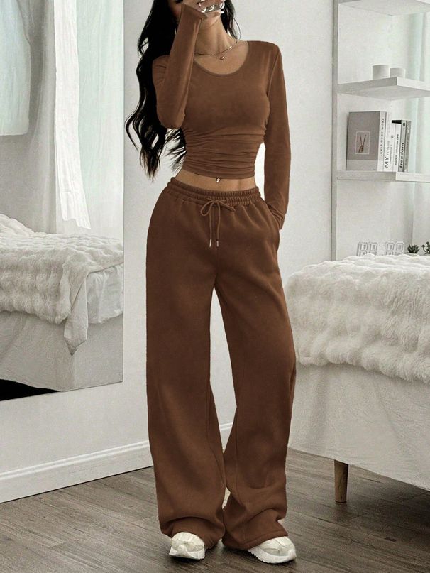 Elegant Two-Piece Set For Women – Slim Fit Long-Sleeve Top & Wide-Leg Pants, Minimalist Solid Color Outfit For Autumn/Winter_ecoleips.com