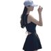 Elegant Black Sweetheart Neck One Piece Swimsuit With Ruched Bodice Flared Skirt Modest Swimwear For Beach Pool Vacation_ecoleips.com