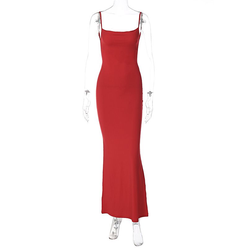 Women's Clothing Sexy Slim Backless Sling Solid Color Dress_ecoleips.com