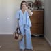 Women's Sweet Solid Color 2-Piece Set V Neck Top with Bubble Short Sleeves Pure Cotton Spring Summer New Cross Border European American Style_ecoleips.com