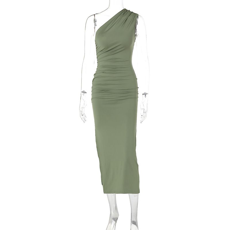 European And American Style Cross-Border 2024 Summer New Asymmetrical Shoulder Solid Color Slit Sleeveless Pure Desire_ecoleips.com