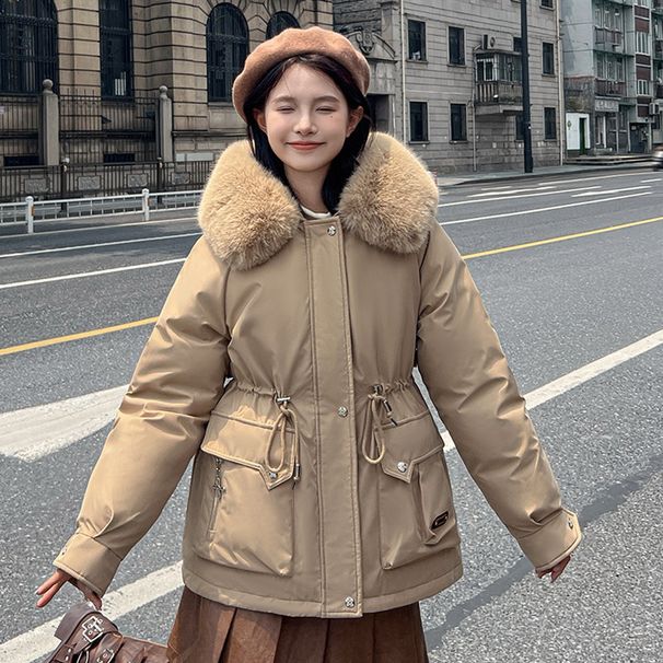 Women's Winter Parka New Style Thickened Fleece-Lined Hooded Coat With Large Pockets, Loose Fit Waist Belt Fashion Outerwear_ecoleips.com