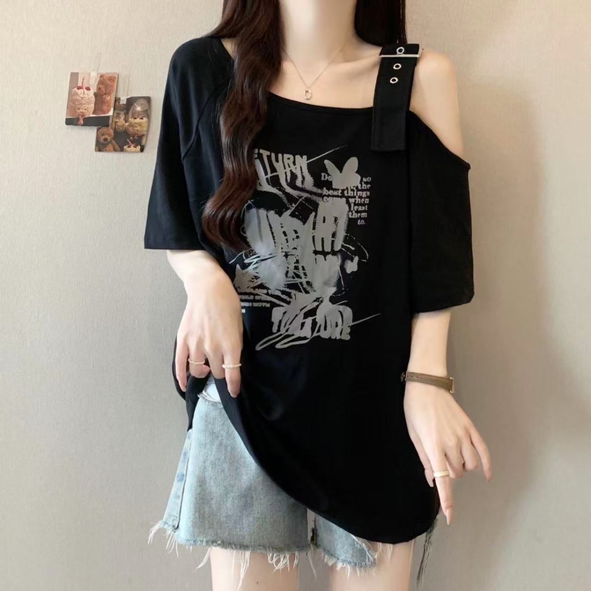 Plus-size American Retro Design Off-shoulder Short-sleeve T-shirt Women, New Summer Style, Loose Fit, Slimming And_ecoleips.com