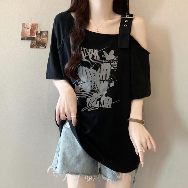 Plus-size American Retro Design Off-shoulder Short-sleeve T-shirt Women, New Summer Style, Loose Fit, Slimming And_ecoleips.com