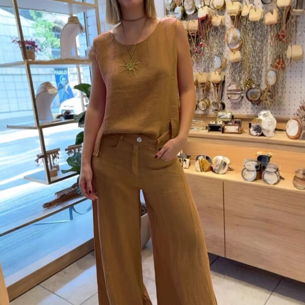 Women's Clothing Cotton And Linen Solid Color Sleeveless Pants Two Piece Set_ecoleips.com