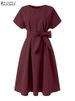 ZANZEA Women Solid Slim Mini Dress O-Neck Short Sleeve Knee Length Sundress Elegant Casual Loose Vintage Party Work A-Line Robe_ecoleips.com