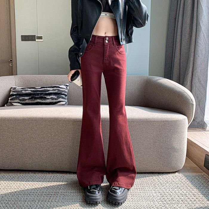 Sweet And Cool Style Ankara Red Micro-flared Double-button Women's Jeans, Extra-long Coffee-colored Trousers_ecoleips.com