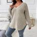 Women's Autumn/Winter Solid-Color Oversized V-Neck Long-Sleeve Striped Brushed Fleece T-Shirt_ecoleips.com