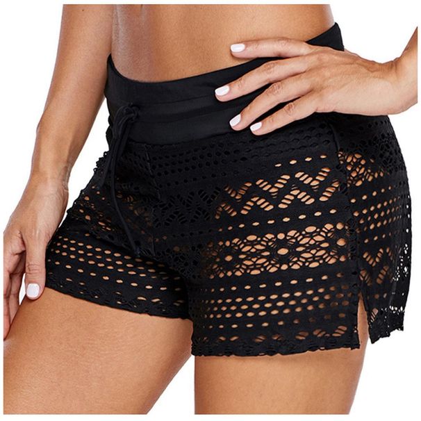 2025s 2025 Black Jacquard Lace Women's Four-Corner Set Beach Casual Vacation Shorts_ecoleips.com