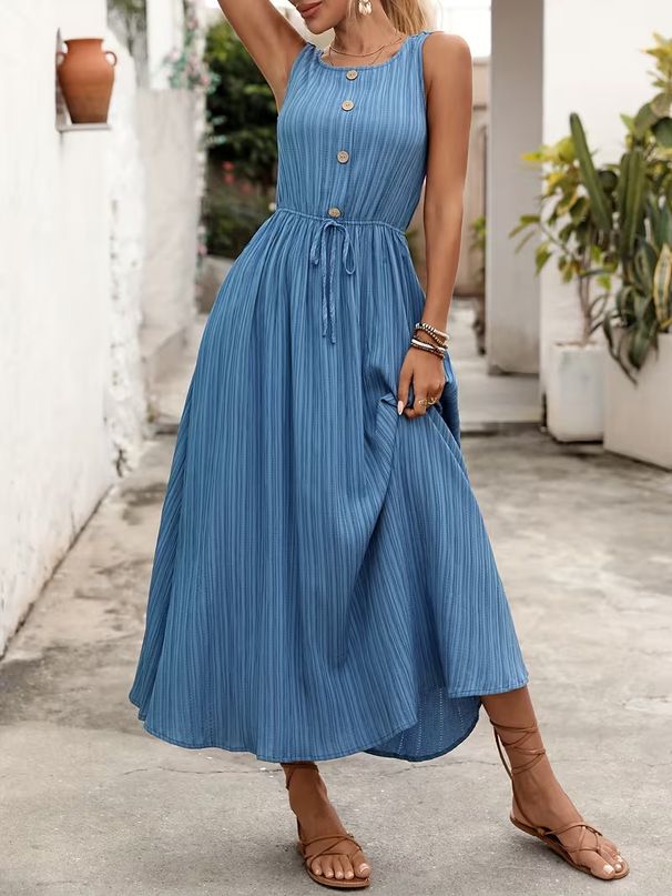 Women's Retro Vacation Sleeveless Dress Tropical Floral Button Down Waist Long Dress_ecoleips.com