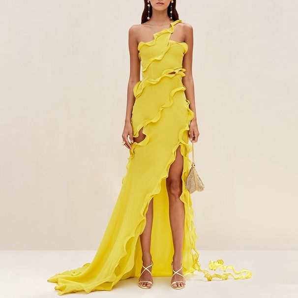Women's Clothing Spring New Style Oblique Shoulder Sleeveless Wood Ear Edge Splicing Design Slit Dress For Women_ecoleips.com