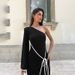 WG069 Spring Elegant Slanted Collar Contrast Color Trim Ribbed Tie Waist Slimming Long Sleeve Knit Dress For Women_ecoleips.com