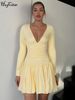 Hugcitar Elegant V Neck Long Sleeve Ruched Frill Sexy Pleated Mini Dress Autumn Women Clothes Birthday Party Vacation Wholesale_ecoleips.com