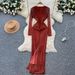 High-End Women's Dress Rhinestone Embellished Slimming And Flattering Pleated Waist Long Sleeves Flowing Ribbons_ecoleips.com