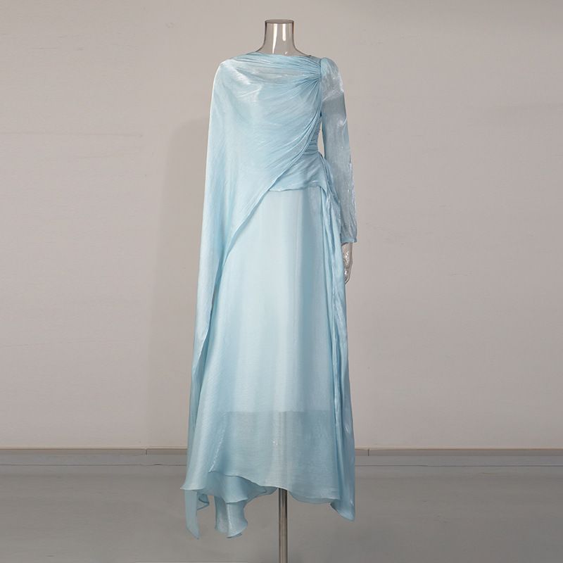 Ethereal Ice Blue Maxi Dress With Flowing Ribbon Accents – High-Waisted French Elegance Long Sleeve Gown_ecoleips.com